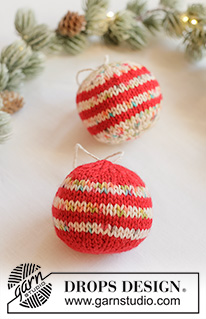 Holiday Sprinkles / DROPS Extra 0-1676 - Knitted Christmas baubles in DROPS Fiesta. The piece is worked in the round, bottom up, with Nordic pattern. Theme: Christmas.