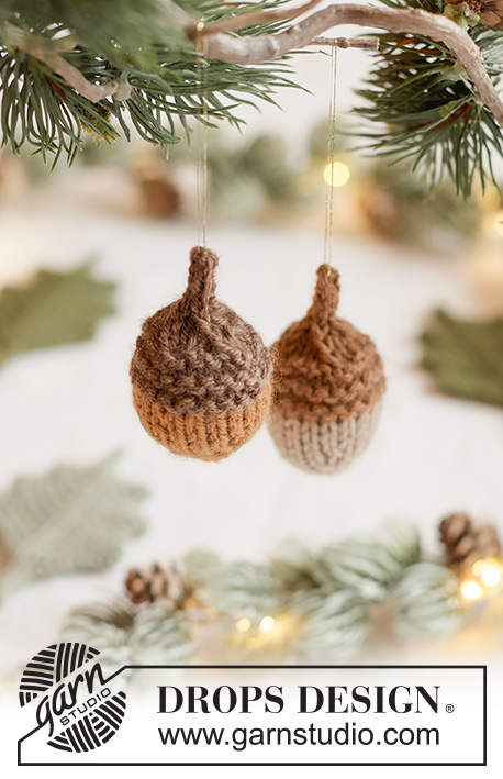 Winter Woodland / DROPS Extra 0-1681 - DROPS Daisy lõngast kootud jõulukaunistus lehega tammetõru jõuludeks