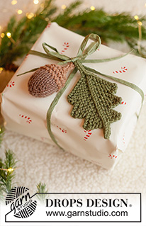 Winter Woodland / DROPS Extra 0-1681 - DROPS Daisy lõngast kootud jõulukaunistus lehega tammetõru jõuludeks