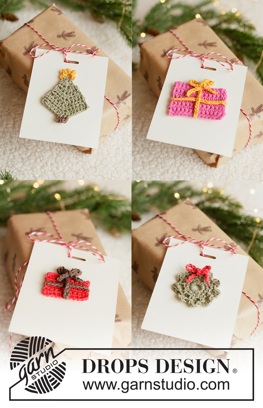 Christmas Treats / DROPS Extra 0-1683 - Virkatut joulukoristeet / paketti, karkkikeppi, joulukuusi, seppele ja tähti DROPS Safran-langasta. Teema: Joulu.