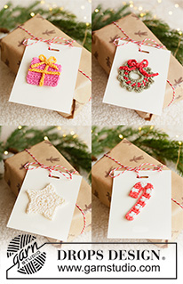 Christmas Treats / DROPS Extra 0-1683 - Virkatut joulukoristeet / paketti, karkkikeppi, joulukuusi, seppele ja tähti DROPS Safran-langasta. Teema: Joulu.