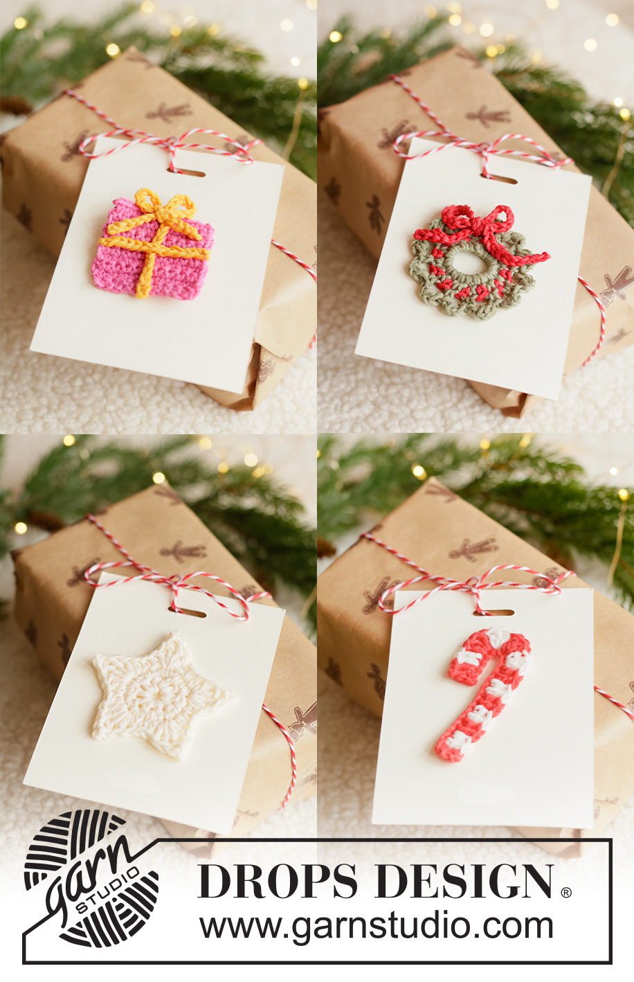 Christmas Treats / DROPS Extra 0-1683 - Virkatut joulukoristeet / paketti, karkkikeppi, joulukuusi, seppele ja tähti DROPS Safran-langasta. Teema: Joulu.