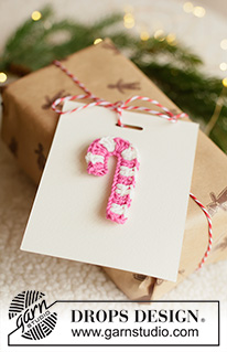 Christmas Treats / DROPS Extra 0-1683 - Virkatut joulukoristeet / paketti, karkkikeppi, joulukuusi, seppele ja tähti DROPS Safran-langasta. Teema: Joulu.