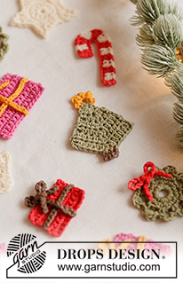 Christmas Treats / DROPS Extra 0-1683 - Virkatut joulukoristeet / paketti, karkkikeppi, joulukuusi, seppele ja tähti DROPS Safran-langasta. Teema: Joulu.