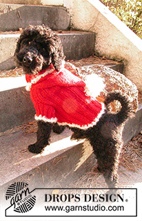 Santa's BFF / DROPS Extra 0-521 - Stickad hundtröja / tröja till hund i DROPS Alpaca och DROPS Puddel eller Melody. Arbetet stickas från halsen till svansen i resår med luva och virkade kanter. Storlek XS - M. Tema: Jul