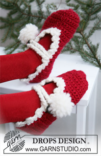Mary Xmas / DROPS Extra 0-578 - Crochet slippers for children and adults in DROPS Snow and DROPS Glitter. Socks are worked as Christmas slippers with pompoms. Size 35 - 43. Theme: Christmas