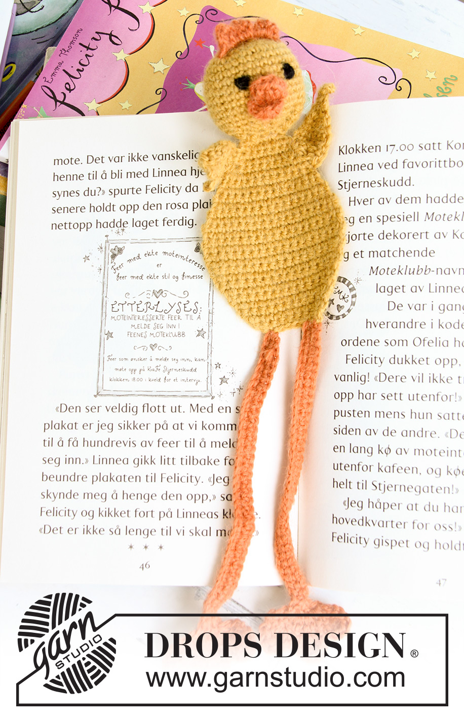 Easter Chick / DROPS Extra 0-624 - Háčkovaná DROPS kuřátková záložka do knížky „Alpaka“ pro velikonoční detektivku.

