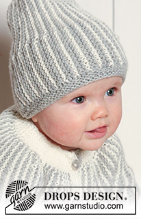 Magnus Set / DROPS Extra 0-639 - Ensemble : Veste et bonnet DROPS tricotés dans le sens de la longueur, au point mousse en ”Merino Extra Fine”.