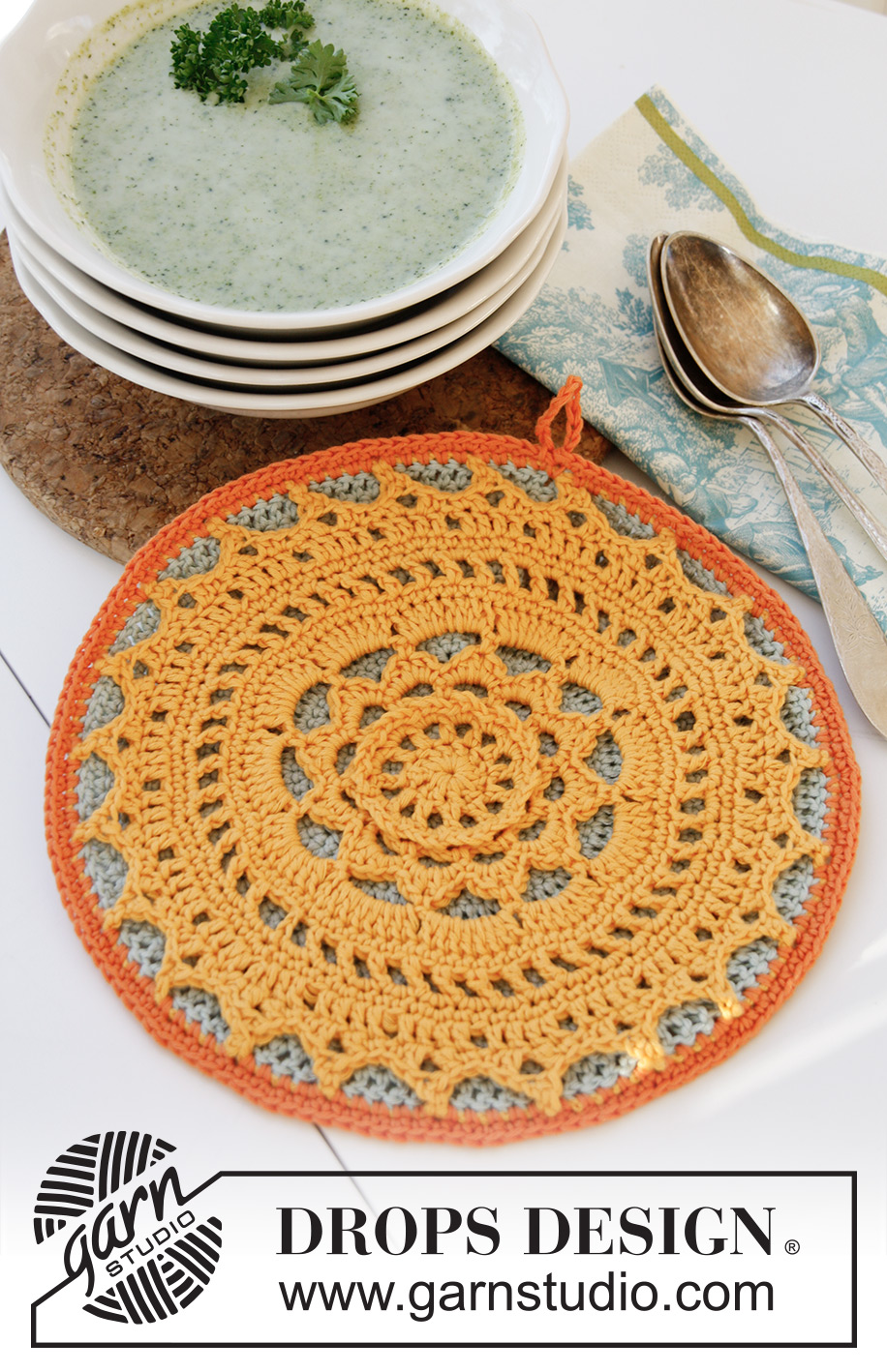 Easter Radiance Doily / DROPS Extra 0-843 - Heklet DROPS gryteklut  i ”Safran” eller DROPS ♥ You #7.