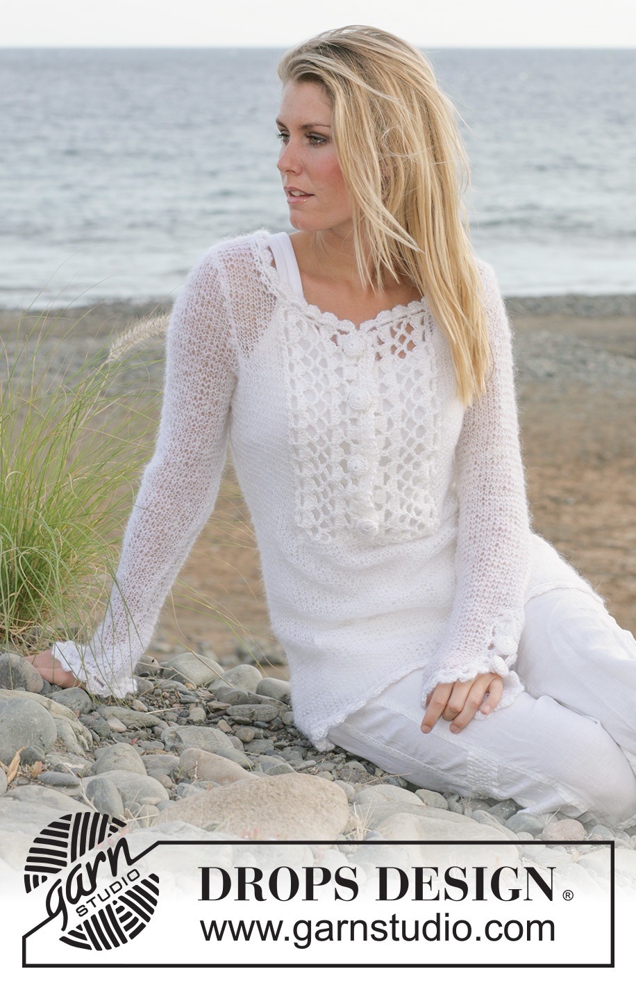 Romancing The Sea / DROPS 101-9 - DROPS tunika i Vivaldi eller Brushed Alpaca Silk med heklekant i Vivaldi eller Brushed Alpaca Silk og Cotton Viscose eller Safran. Str S-XXL