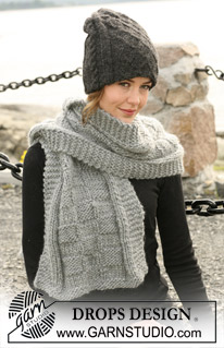 DROPS 102-9 - DROPS double hat with cables and rib in 2 threads ”Alpaca” and scarf in ”Snow” with texture squares
