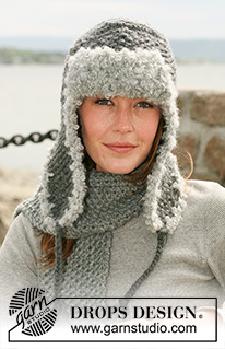 DROPS 103-30 - DROPS lue med øreklaffer i ”Snow” og ”Puddel” og perlestrikket skjerf i ”Snow”.