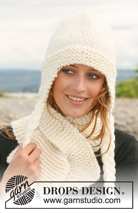 Lutetia / DROPS 109-16 - Set comprising: DROPS hat in stocking st and scarf in garter st in ”Snow”.