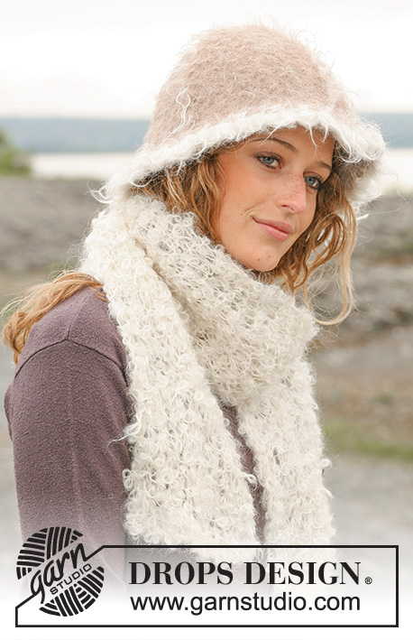 DROPS 109-20 - Completo formato da: Cappello DROPS infeltrito in 2 capi di ”Alpaca” con bordo all’uncinetto in ”Puddel” e sciarpa in ”Puddel”.