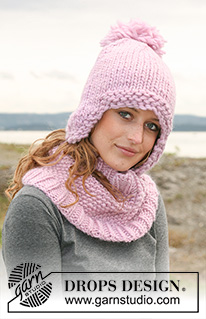 Belle Marie / DROPS 109-4 - Juego que comprende:  Calentador de cuello en punto arroz con resorte en 1 hilo “Snow” ó 1 hilo “Polaris” y Gorro DROPS en 2 hilos “Snow” ó 1 hilo “Polaris”.