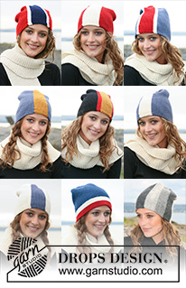 Wear Your Colours / DROPS 110-16 - Poikittain neulotut DROPS lippupipot ”Karisma”-langasta. Nämä voidaan neuloa myös ”Merino”-langasta.
Kaulaliina ”Alaska”-langasta.
