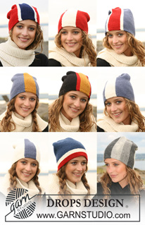 DROPS 110-52 - DROPS hats for men with flags in ”Karisma”, worked from side to side. Yarn alternative ”Merino”. Scarf in ”Alaska”.