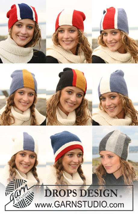 DROPS 110-52 - DROPS hats for men with flags in ”Karisma”, worked from side to side. Yarn alternative ”Merino”. Scarf in ”Alaska”.
