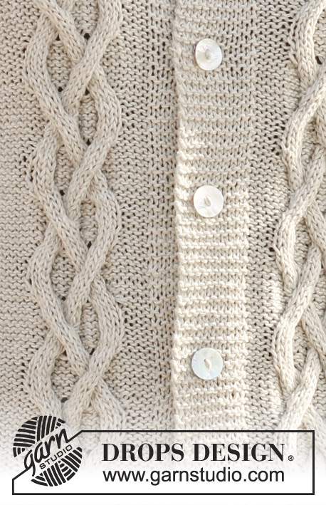 Ivy Trails / DROPS 112-20 - Strikket DROPS Jakke med fletter i ”Bomull-Lin”. Str S - XXXL.