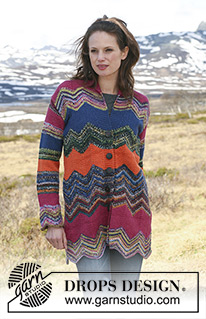 Zig-Zag Skies / DROPS 114-23 - Saco DROPS tejido con franjas y patrón zigzag en “Fabel” y “Alpaca”. Talla: S – XXXL.

