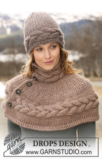 Chocolate Fudge / DROPS 114-31 - Das Set besteht aus: DROPS Mütze und Kragen in ”Snow” mit Zopfmuster quer gestrickt. 