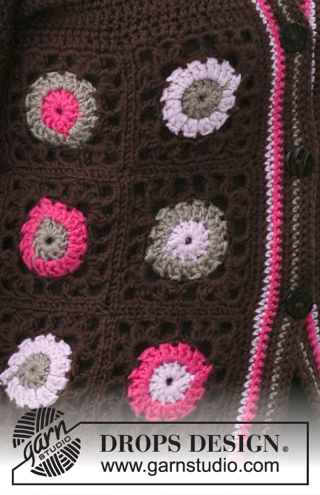Say It With Flowers / DROPS 115-14 - Virkad  kofta i DROPS Merino Extra Fine med virkade rutor. Strl S - XXXL