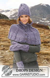 Laluna / DROPS 117-15 - Conjunto DROPS de: Mini capa, gorro y manoplas tejidos con torsadas / trenzas en “Snow”.