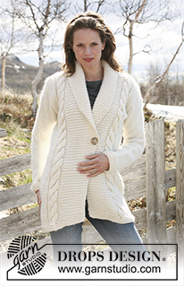 Doreen / DROPS 117-51 - Saco de punto DROPS con torsadas / trenzas y punto musgo en “Snow”. Talla S – XXXL.



