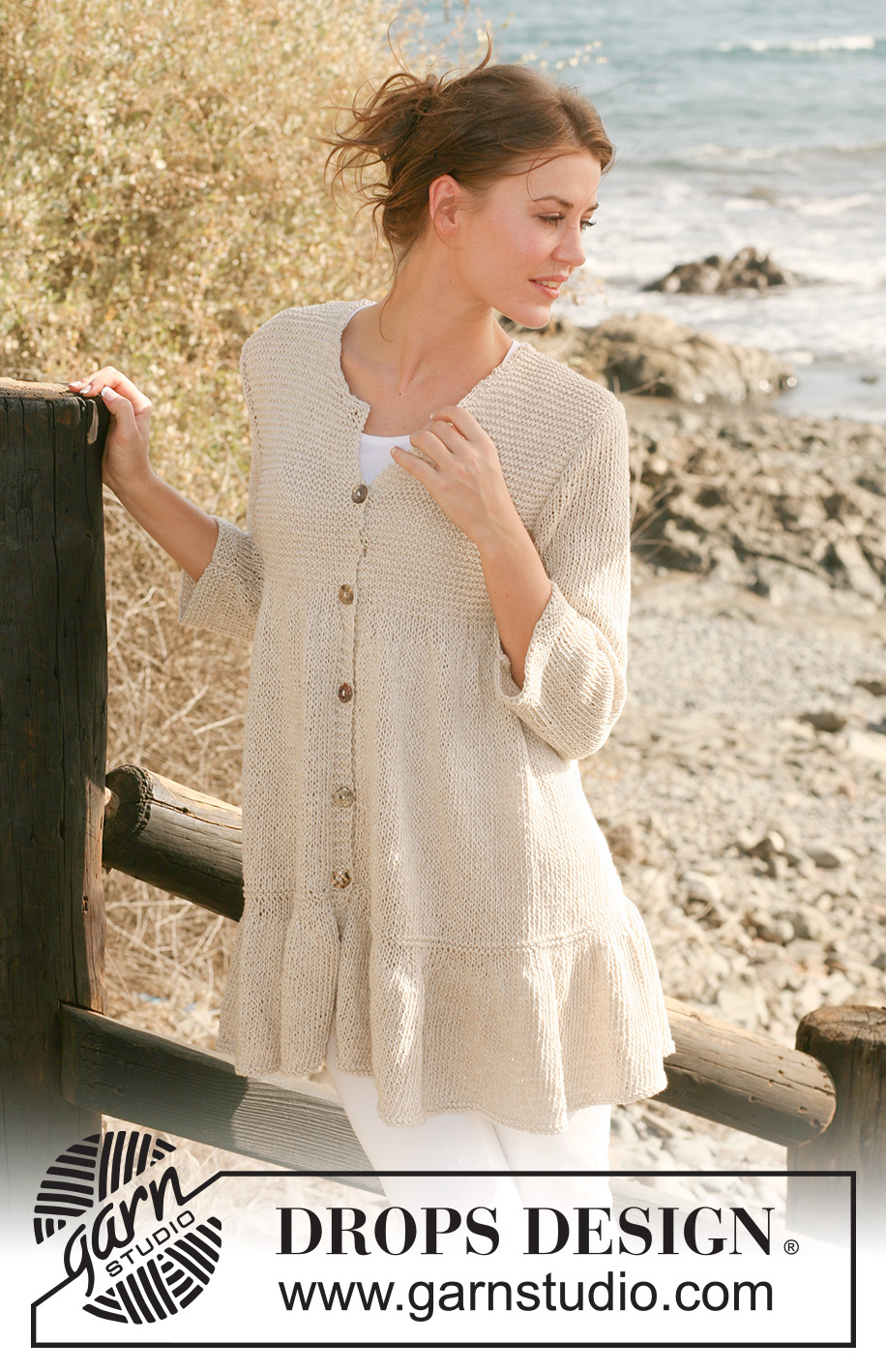 Holiday Joy / DROPS 118-1 - Knitted DROPS jacket in ”Bomull-Lin” with wide flounce border and yoke in garter st. Size S-XXXL.