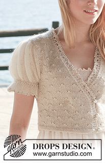 Lady Like / DROPS 118-24 - Liten DROPS jakke med omslag og korte puffermer i Cotton Viscose og Kid-Silk eller Safran og Kid-Silk. Str: XS til XXL