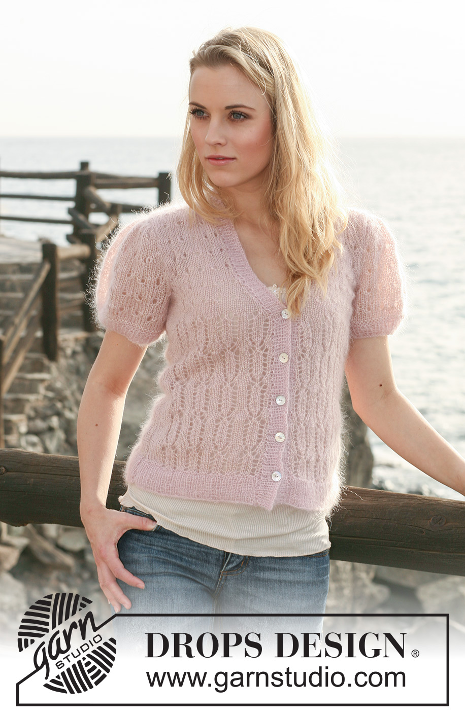 Sea Rose / DROPS 119-19 - Knitted DROPS jacket with short puff sleeves and lace pattern in ”Kid-Silk” and ”Glitter”. Size S-XXXL.