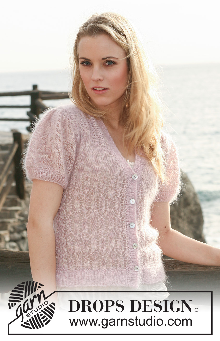 Sea Rose / DROPS 119-19 - Knitted DROPS jacket with short puff sleeves and lace pattern in ”Kid-Silk” and ”Glitter”. Size S-XXXL.
