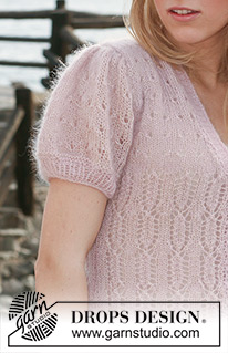 Sea Rose / DROPS 119-19 - Knitted DROPS jacket with short puff sleeves and lace pattern in ”Kid-Silk” and ”Glitter”. Size S-XXXL.
