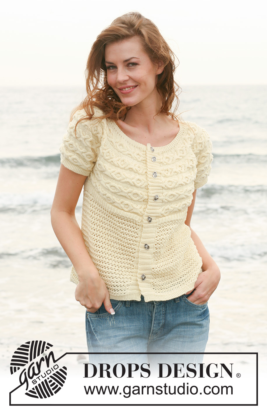 Vanilla Dream / DROPS 119-35 - Chaqueta DROPS tejida de lado a lado con torsadas y patrón en “BabyMerino” o “Safran”. Talla: S – XXXL.