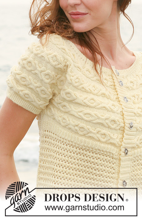 Vanilla Dream / DROPS 119-35 - Chaqueta DROPS tejida de lado a lado con torsadas y patrón en “BabyMerino” o “Safran”. Talla: S – XXXL.
