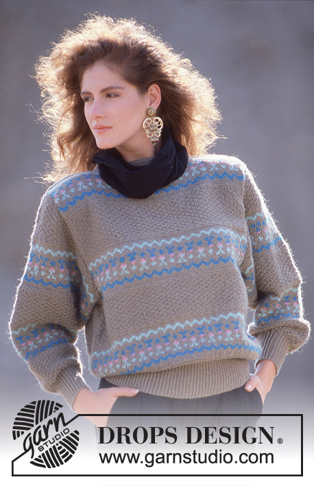 DROPS 12-20 - DROPS jumper with pattern borders and moss st in “Alpaca”. Size S-L.  