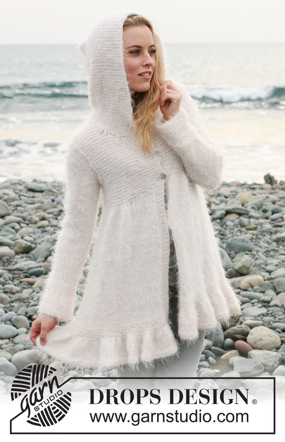 A Winter Tale / DROPS 120-2 - Stickad DROPS kofta med volangkant och huva i 1 tråd Symphony eller Melody, eller 1 tråd Merino Extra Fine och 1 tråd Kid-Silk, eller 1 tråd Alpaca och 1 tråd Vivaldi. 
Strl S-XXXL.