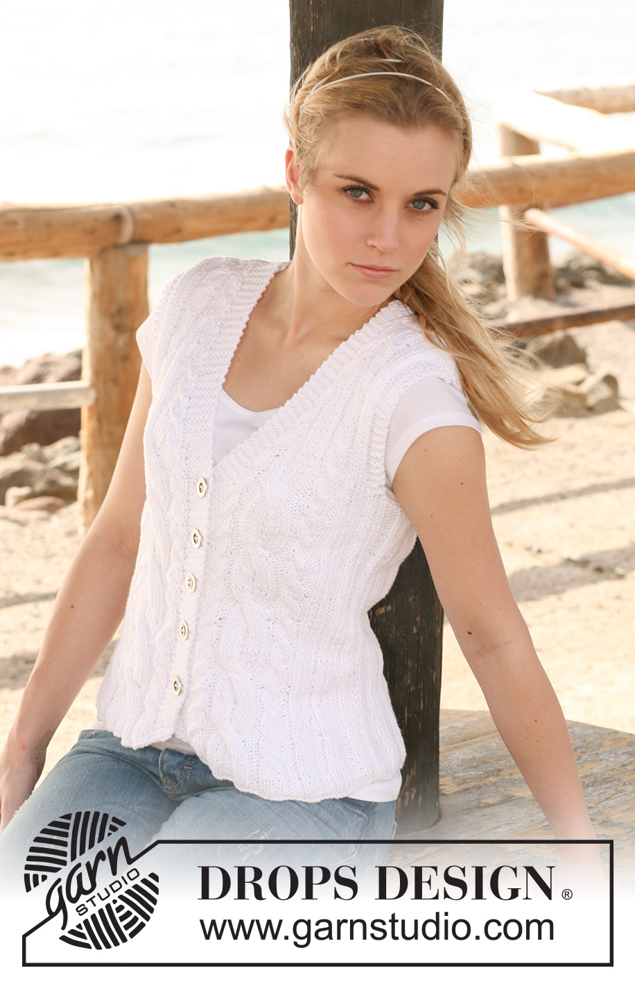 Ocean Mist Cardigan / DROPS 120-21 - Knitted DROPS sleeveless top with rib and cables in ”Paris”. Size S to XXXL.