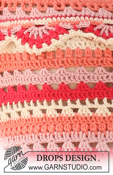 Summer Sorbet / DROPS 120-38 - Top et chapeau DROPS au crochet, avec rayures en point ajouré en Safran. Du S au XXXL.