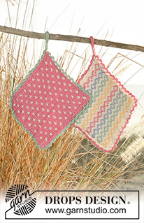 Kitchen Memories / DROPS 120-50 - DROPS pot holders with multi coloured pattern and crochet border in ”Safran” or DROPS ♥ You #7.