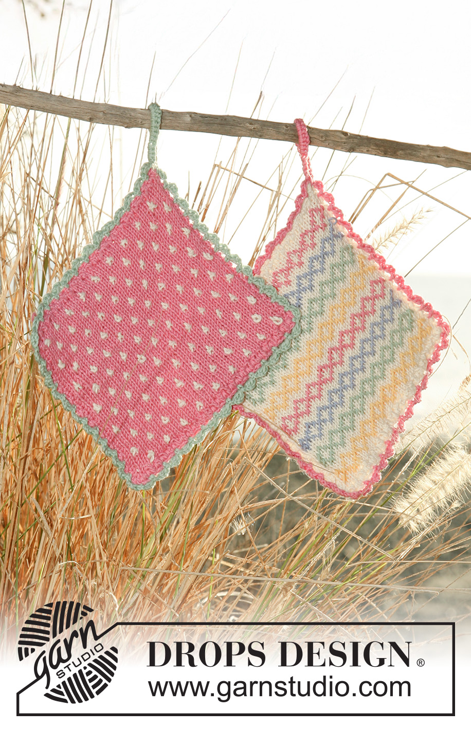 Kitchen Memories / DROPS 120-50 - DROPS pot holders with multi coloured pattern and crochet border in ”Safran” or DROPS ♥ You #7.