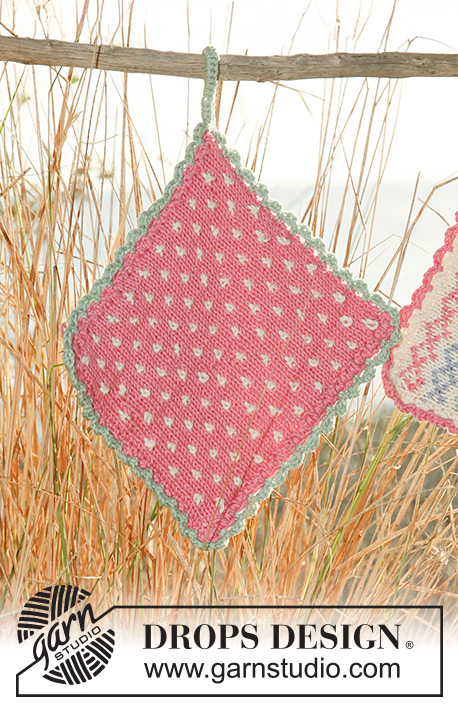 Kitchen Memories / DROPS 120-50 - DROPS pot holders with multi coloured pattern and crochet border in ”Safran” or DROPS ♥ You #7.