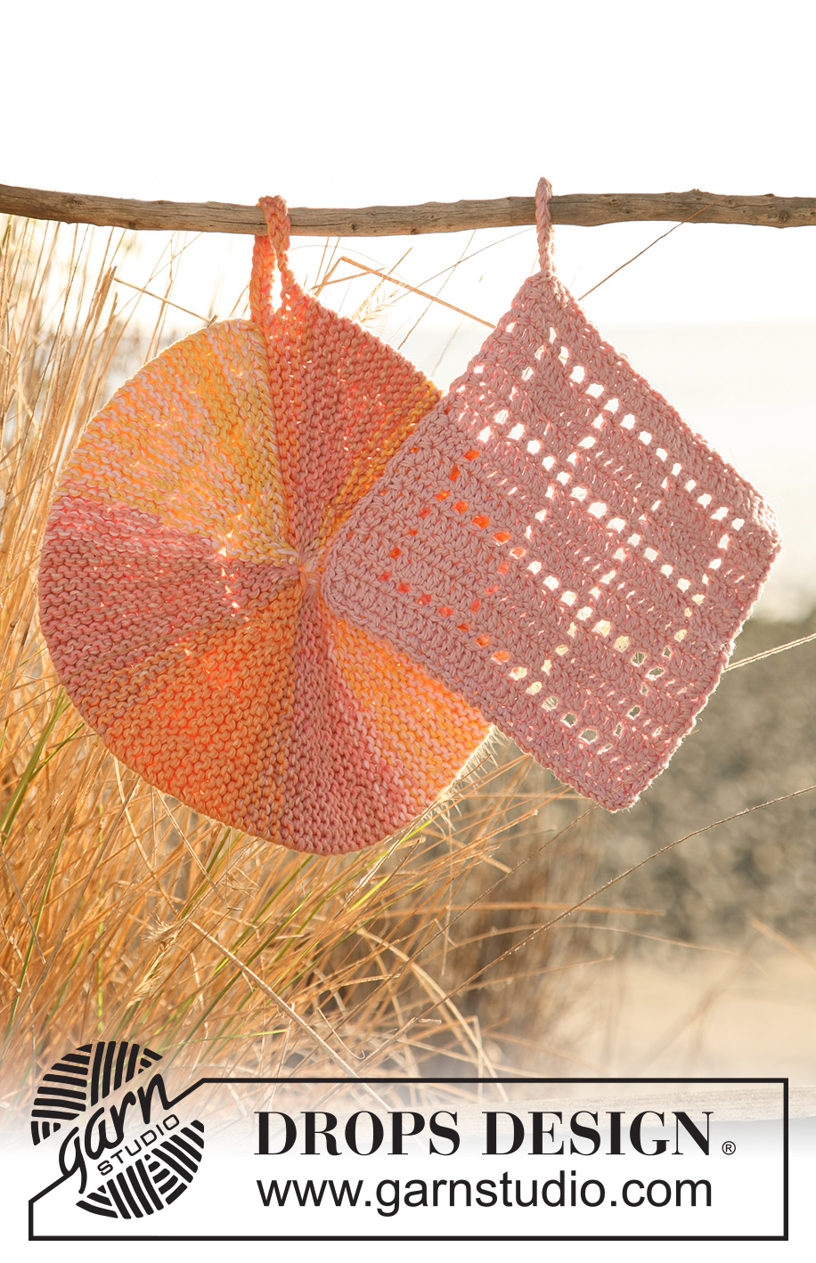Hint of Melon Potholders / DROPS 120-54 - DROPS Topflappen mit verkürzten Reihen in ”Muskat Soft” und gehäkelter Topflappen in ”Safran”.
DROPS design: Modell Nr. R-550+E-141