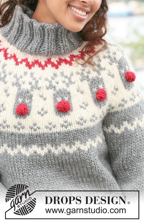 Rudolph / DROPS 122-1 - Pyöreäkaarrokkeinen DROPS pusero / joulupusero porokuvioilla ”Snow”-langasta. Koot XS-XXXL.