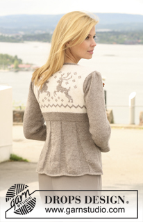 Oh Deer! / DROPS 122-10 - Knitted DROPS Christmas jacket in ”Karisma” with puff sleeves and reindeer pattern on yoke. Size S to XXXL.