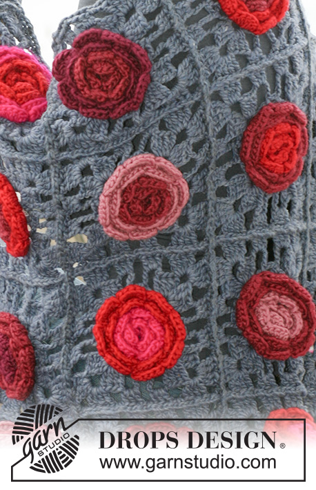 Field of Roses / DROPS 124-5 - Crochet DROPS blanket with flowers in ”Snow”. 