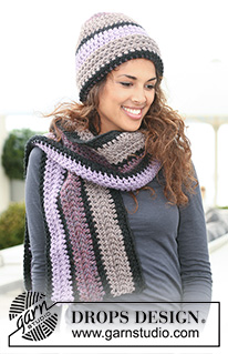 Frosting / DROPS 125-32 - De set bevat: Gehaakte DROPS muts en sjaal met strepen van ”Snow”. 
