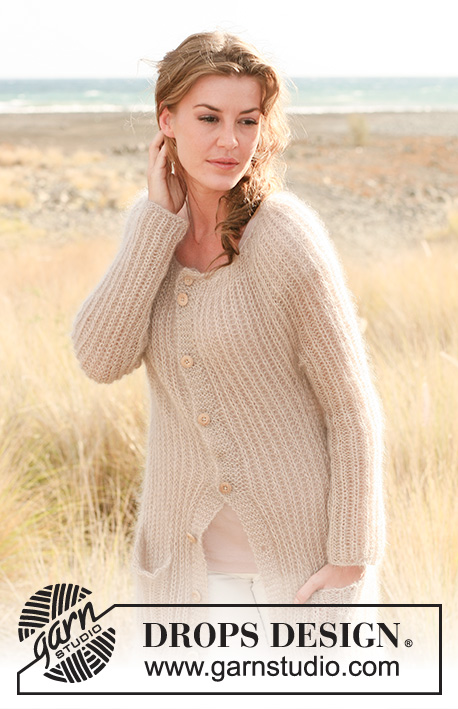 Soft Focus / DROPS 127-4 - Saco largo DROPS de punto, en punto inglés, en 2 hilos “Kid-Silk”. Talla: XS – XXXL.