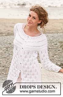From the Coast / DROPS 128-28 - Knitted DROPS jacket with lace pattern and round yoke in Paris. Size: S - XXXL.