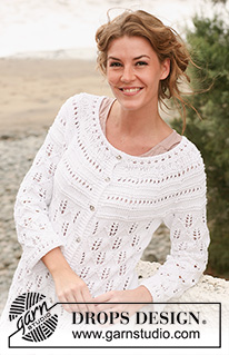 From the Coast / DROPS 128-28 - Knitted DROPS jacket with lace pattern and round yoke in Paris. Size: S - XXXL.